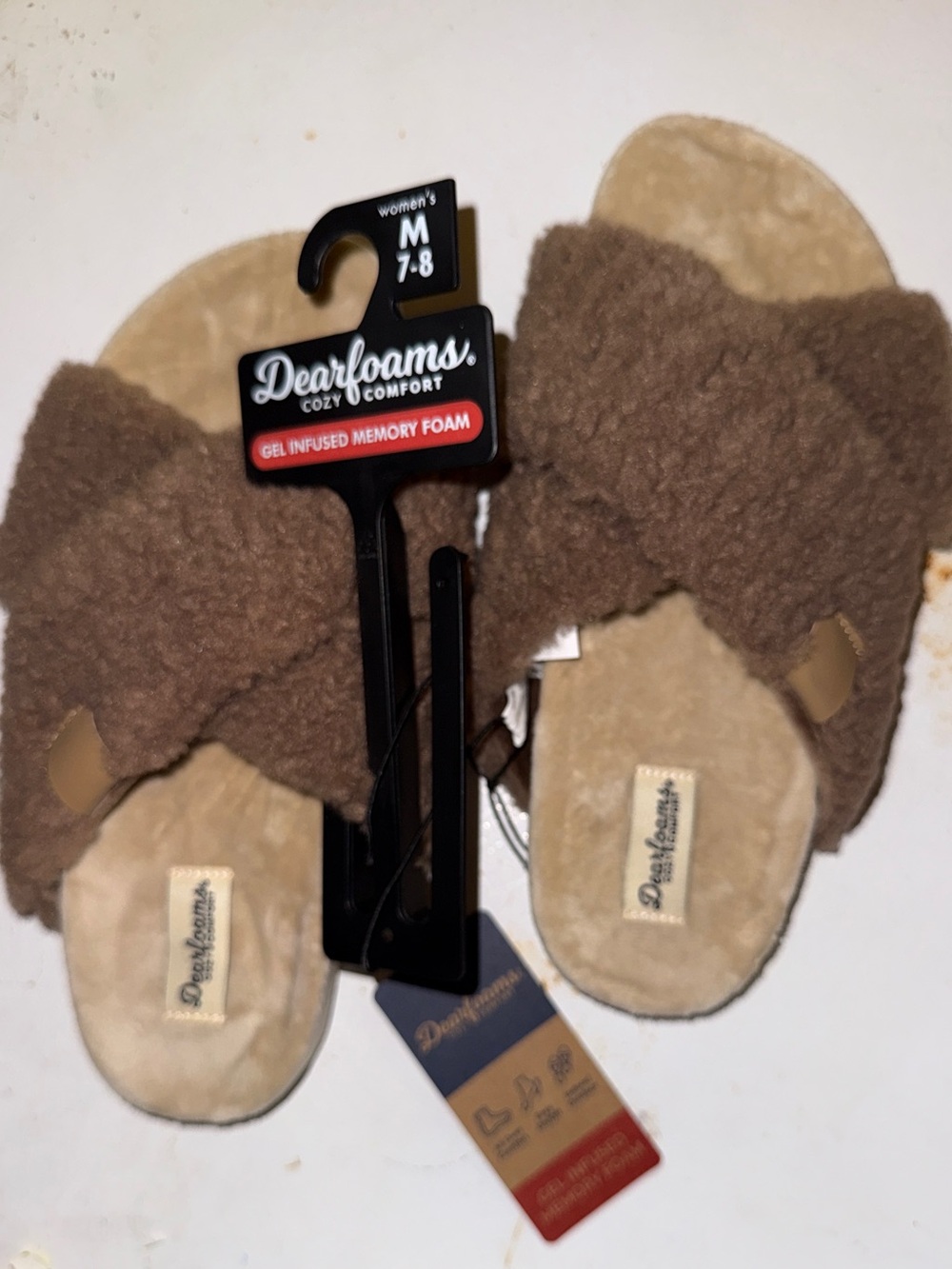 dearfoams Womens Brown Plush Crossband Memory Foam Slide Slippers